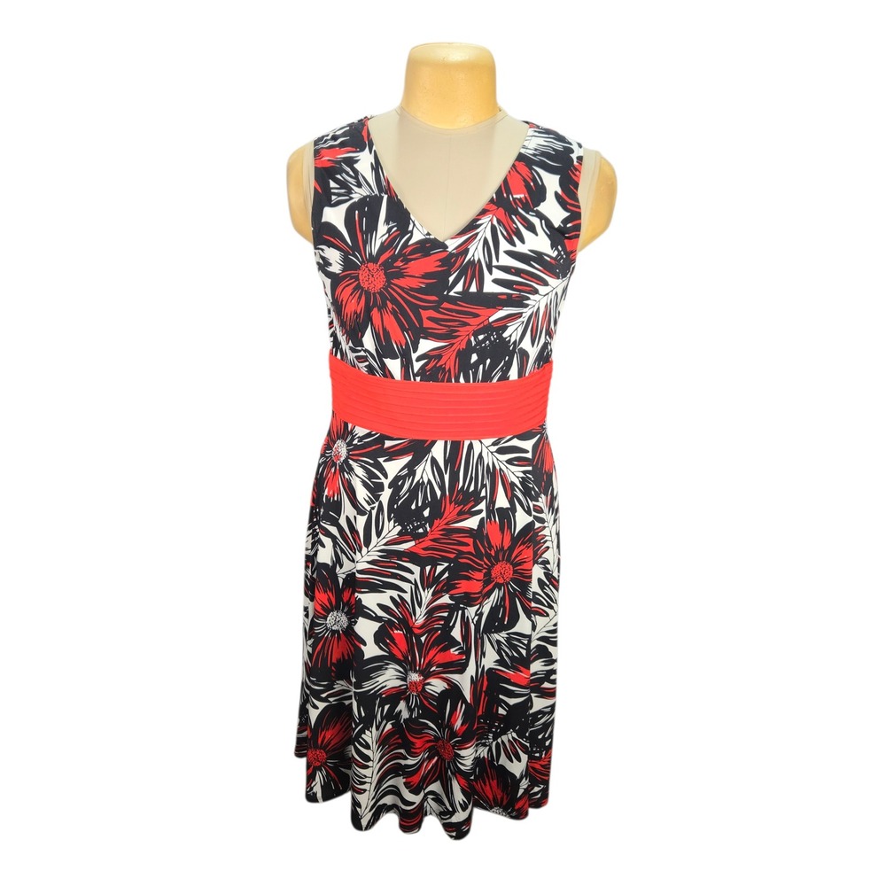 Danny and Nicole Floral Midi Dress Womens Large‎ Red Black White Tropical V-Neck